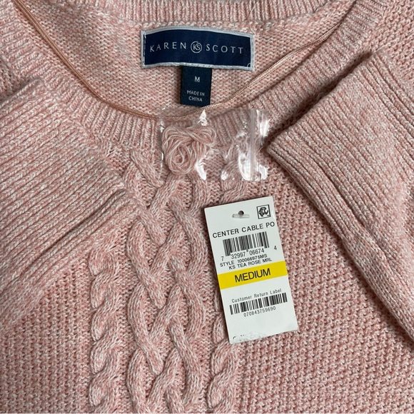 Karen Scott Tea Rose Pink Center Cable Pullover Sweater Size Medium - Picture 6 of 9